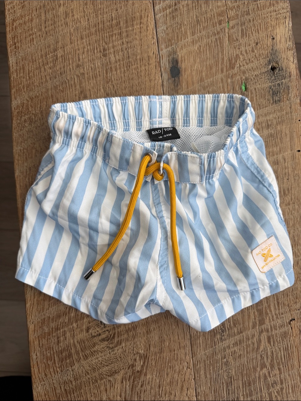 Blue & White Stripe Kids Swim Shorts with Yellow Drawstring